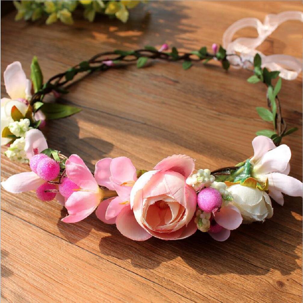 Women White & Pink Bridal Handmade Flower Crown with Adjustable Ribbon Wedding Festivals Floral Wreath Headband Floral Garland