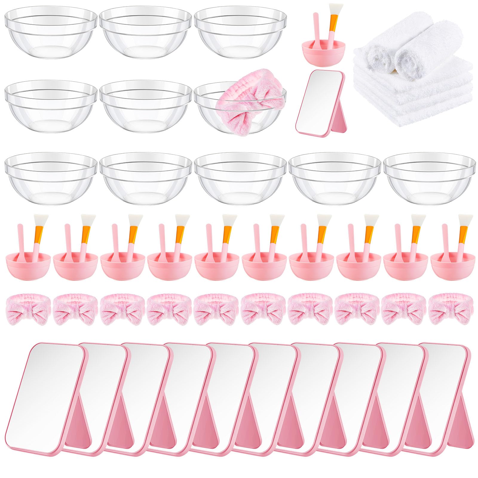 Photo 1 of Teenyyou 10 Set Pink Spa Party Supplies for Girls Women Include Facial Mask Bowl with Stick Spatula Silicone Brush Mirror Headband Towel for DIY Spa Sleepover Slumber Wedding Birthday Party Favor
