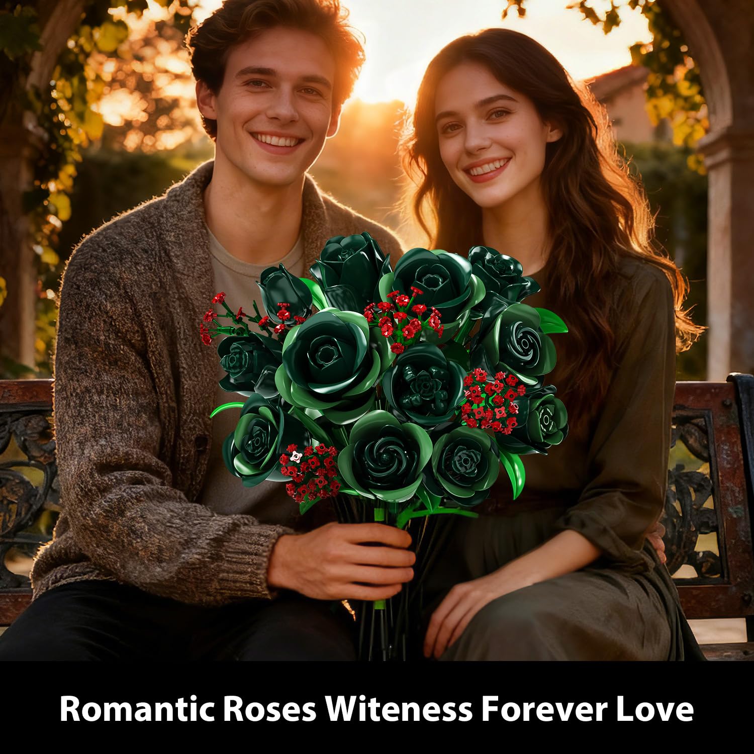 PLAXSOON Blumenstrauß Bausatz mit Licht, 16 grüne Rosen botanische Kollektion Bausteine für Erwachsene Mädchen, 523 Stück künstliche Blumen Valentinstags Geburtstagsgeschenk für sie Wohnzimmer Dekor 9