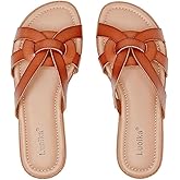 Luoika Women's Wide Width Flat Slides Sandals, Slip on Slide Sandal Casual Comfortable Summer Beach Shoes for Women.Brown 902 9XW