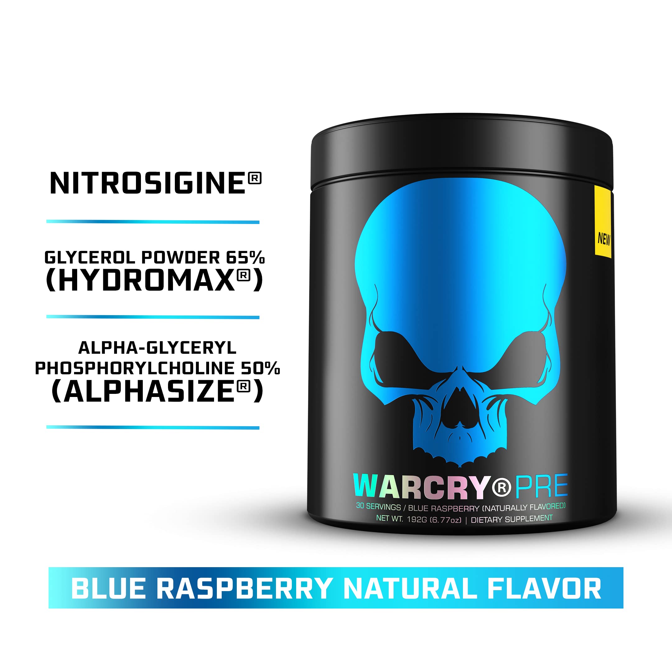 WARCRY Pre-Workout - Ultra Energy, Strength, Clear Focus & Pumps with Nitrosigine, Caffeine, Beta-Alanine - Blue Raspberry Flavor, 30 Servings