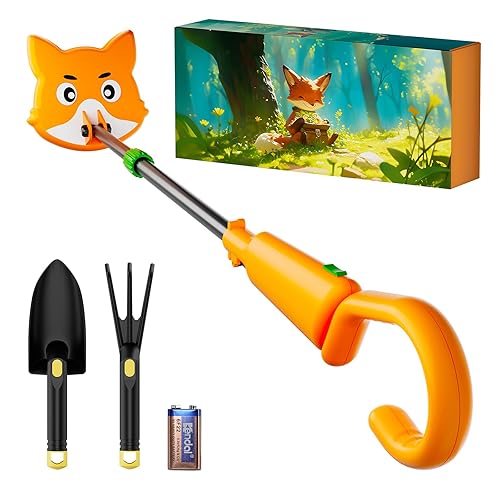 OKESAM Metal Detector for Kids – Adjustable (30”-38”), Waterproof 7” Search Coil, Cute Fox Lightweight Kids Metal Detectors with Shovels & Rake – Fun Treasure Hunting for Boys & Girls