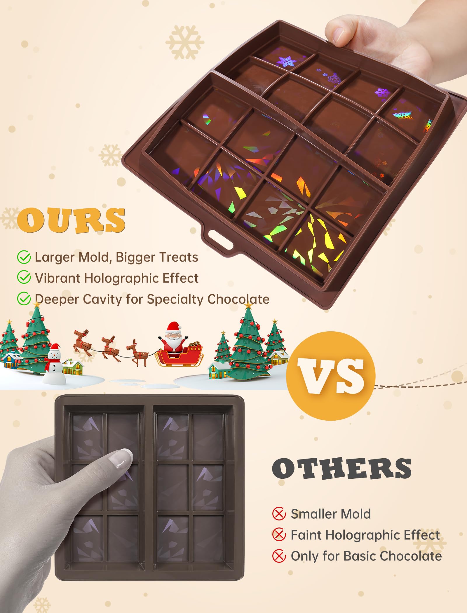 NiHome 0.67 Inch Holographic Dubai Chocolate Molds, Silicone Chocolate Bar Mold for Black Chocolate, Dishwasher Safe & Wall Hanging, Christmas Valentine Gift (Snowflake and Firework Patterns)