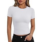 YUCOLEN Women's Short Sleeve Double Lined Fitted Crop Top Crewneck Soft Basic Tee Summer Casual Workout Y2K Trendy Shirt