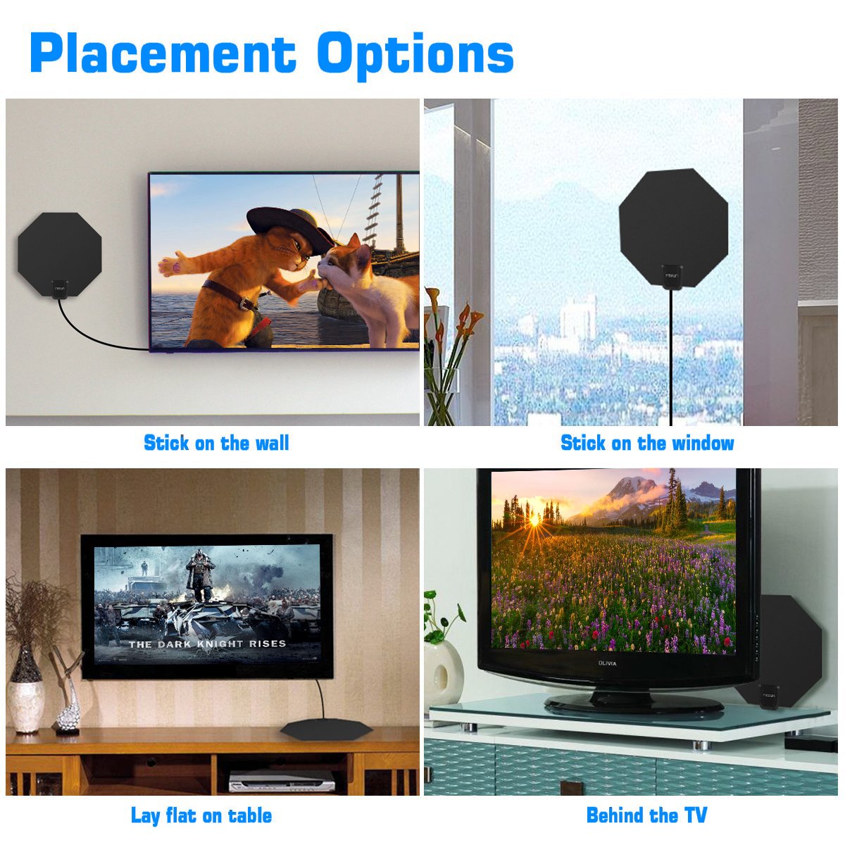 TV Antenna, LENPOW Best Indoor 1080P Amplified Digital TV Antenna 60 Mile Range with Detachable Amplifier Signal Booster, USB Power Adapter, 16.5Ft High Performance Coaxial Cable, Black