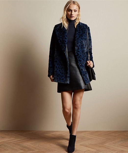 Women Snap button fastening, blue double breasted meddle coat leopar print