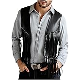 OYOANGLE Men's PU Leather Open Front Fringe Vest Boho Cowboy Western Sleeveless Jacket Waistcoat