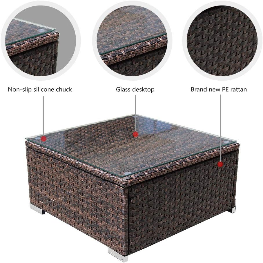 DIMAR garden Outdoor Coffee Table Wicker Patio Furniture Conversation Set Lawn Garden Tea Table Rattan Patio Coffee Tables with Glass Top (Mix Brown 25.2in): Garden & Outdoor