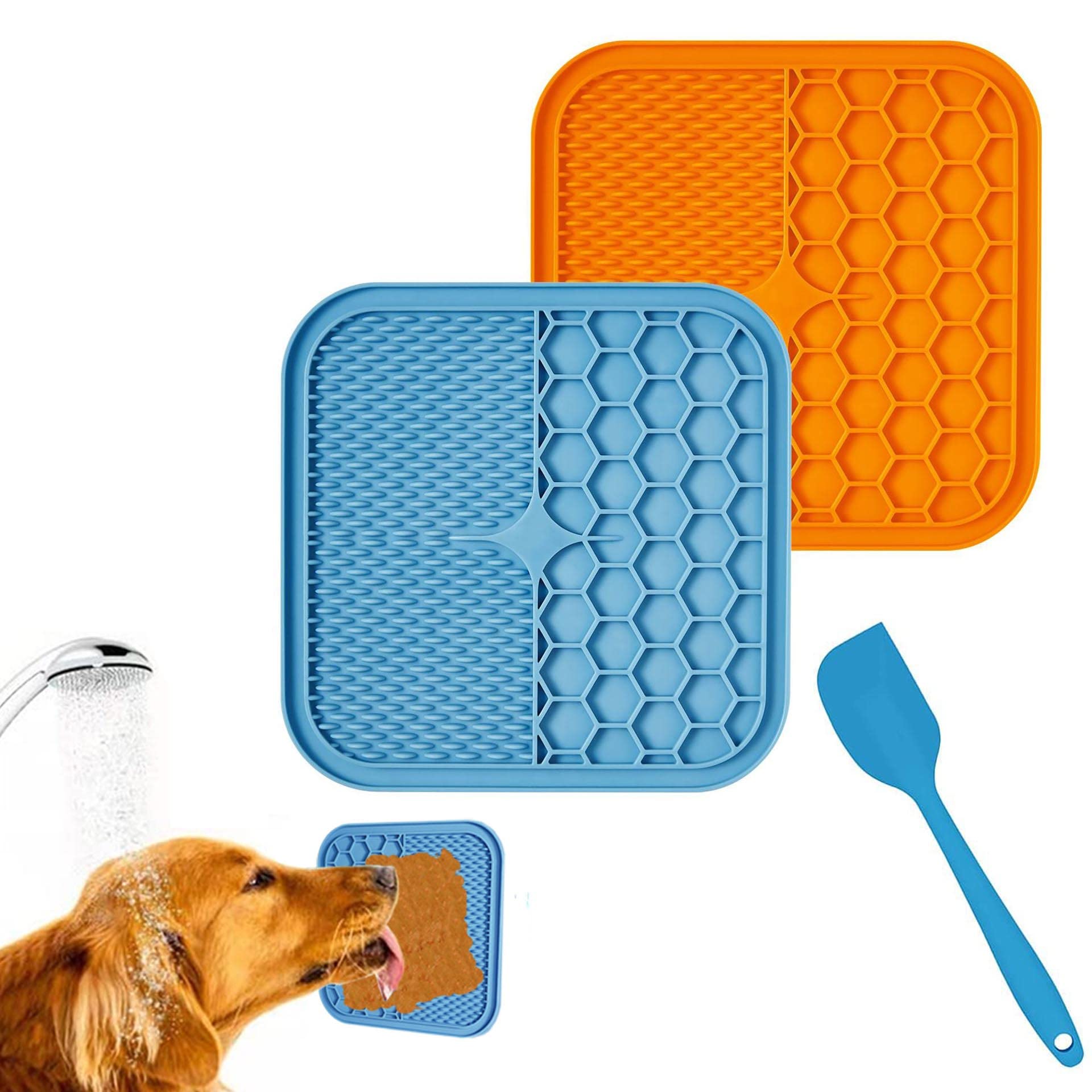 zukent 2PCS Licky Mats for Dogs Cat Slow Feeding Licky Mat Pet Calming Dog Treat Mat Anti-Slip Slow Feeding Licking Mat for Pet Bathing Training Grooming for Peanut Butter Lick Mat with 1 Pcs Spatula