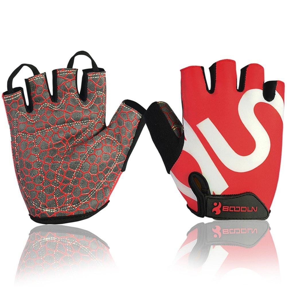 BOODUN Shock-Absorbing Gel Pad Breathable Half Finger Mountain Bicycle Bike Road Racing Gloves, Red with White Logo, Medium