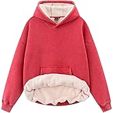 Huzeiwu Oversized Acid Wash Hoodie for Women Sherpa Fleece Lined Hooded Pullover Unisex Vintage Streetwear Sweatshirt