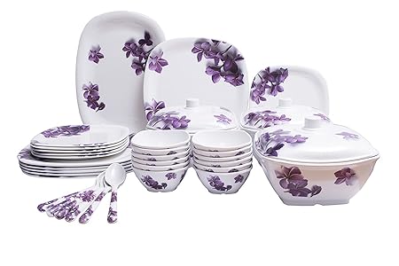 Bataniya Melamine Dinner Set Of 40 Pcs With Everlasting Shiny Print, Unbreakable, Mircowave Safe, Standard Size, Square Shaped (Floral 4)