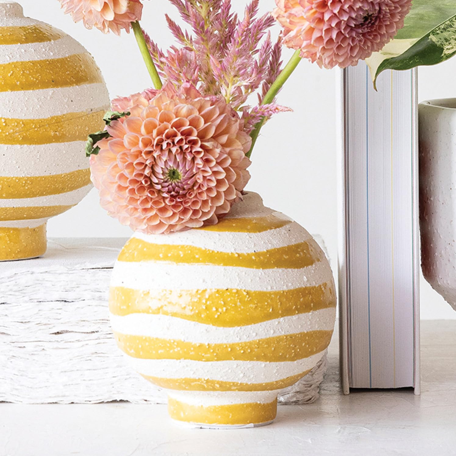 Photo 1 of Creative Co-Op Striped Stoneware Vase with Sphere Shape and Footed Base, Yellow and White