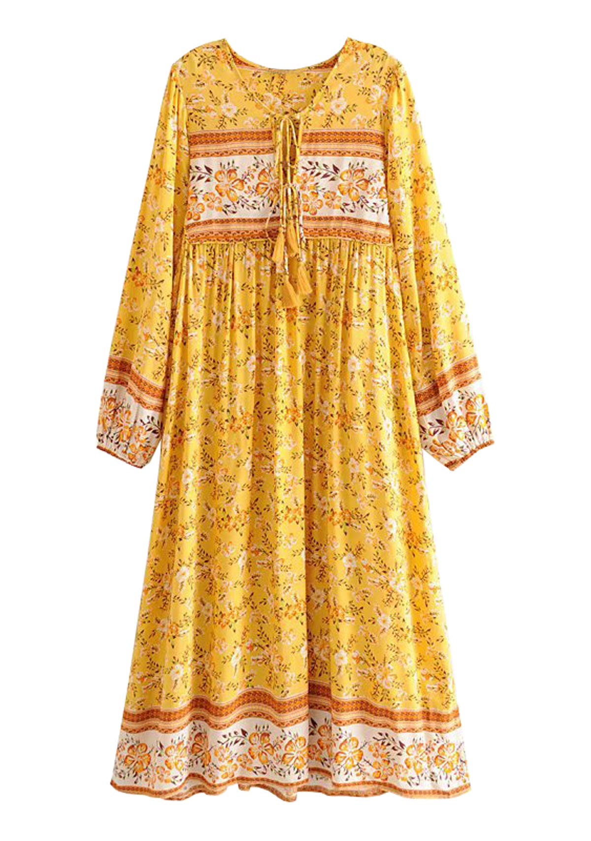 Women's Long Sleeve Floral Print Retro V Neck Tassel Bohemian Midi Dresses