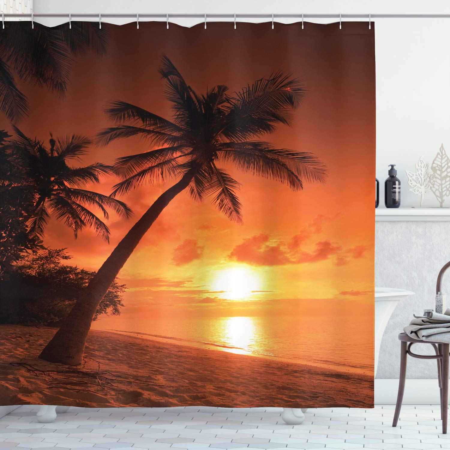 ABAKUHAUS Tropical Shower Curtain, Twilight Dusk at Sandy Beach with Coconut Palms Maldives Summer Panorama, Cloth Fabric Bathroom Decor Set with Hooks, 86 Inches Extra Long, Coral Orange Brown
