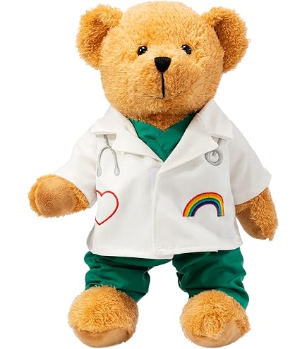 DolliBu Brown Bear Doctor Plush Toy With Scrub Uniform And Cap Outfit 10 Inches