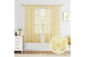 Jubilantex Yellow Butterfly Sheer Curtain Panels for Kids Nursery Bedroom, Baby Girls Toddler Gold Print Linen Textured Rod Pocket Voile Drapes 63 Inch Long for Living Room,2 Panels