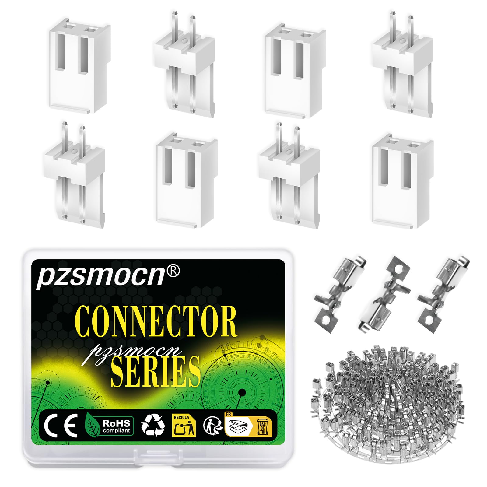 pzsmocn 200 Pieces / 50 Sets JST VH 3.96 mm Pitch 2 Pin Female Housing and Male Adapter Connector Plug Socket Terminal Wires Cables 24-18 AWG Assembly, Header Crimp Pins Kit — image 1