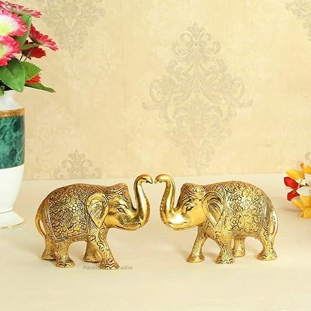 Metal Elephant Pair Trunk up Antique Golden Finish by Handicrafts Paradise
