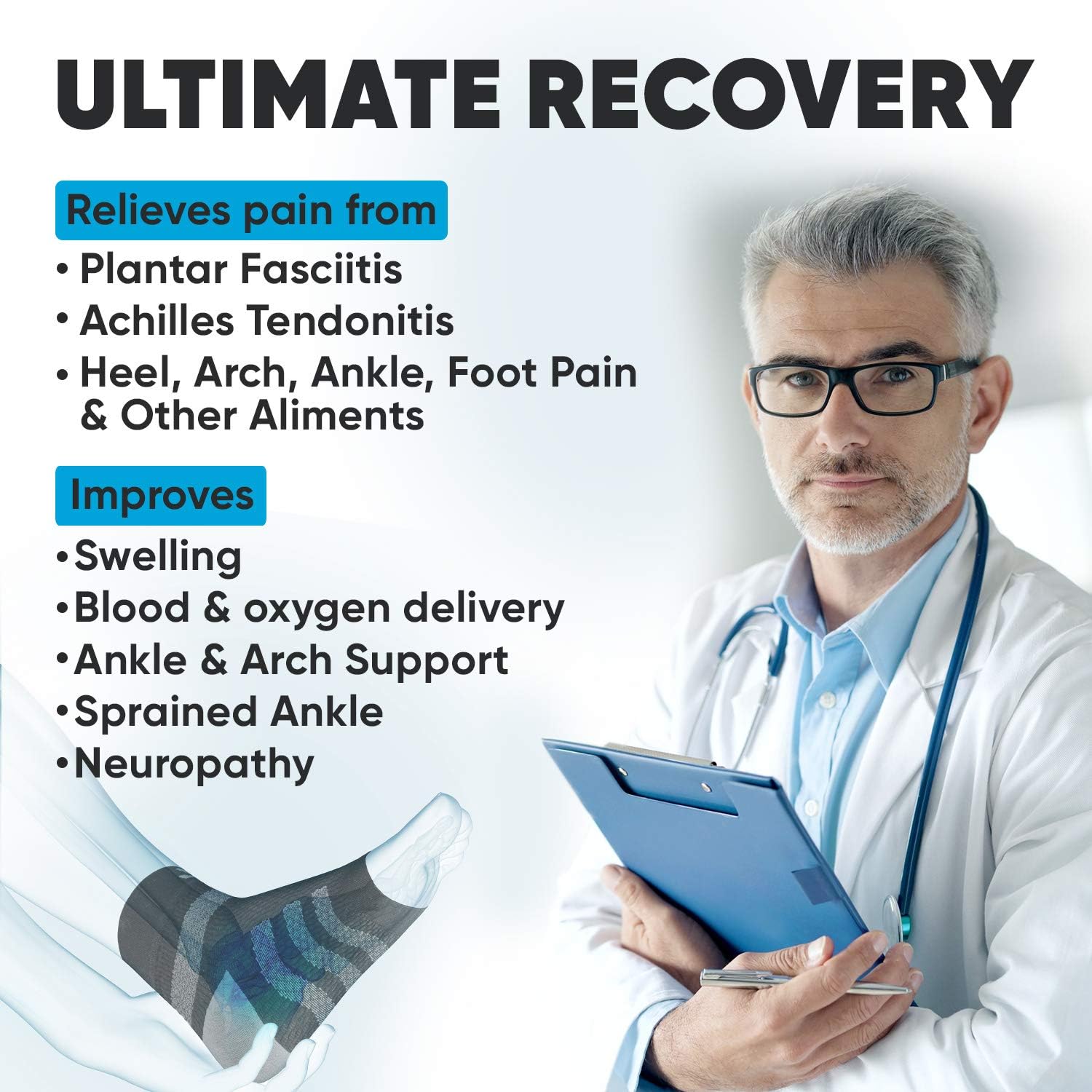 Powerlix Nano Socks for Neuropathy (Pair) for Women & Men, Ankle Brace Support, Plantar fasciitis socks, Toeless Compression Socks & Foot Sleeve for Arch & Heel Pain Relief - Treatment & Everyday Use: Health & Personal Care
