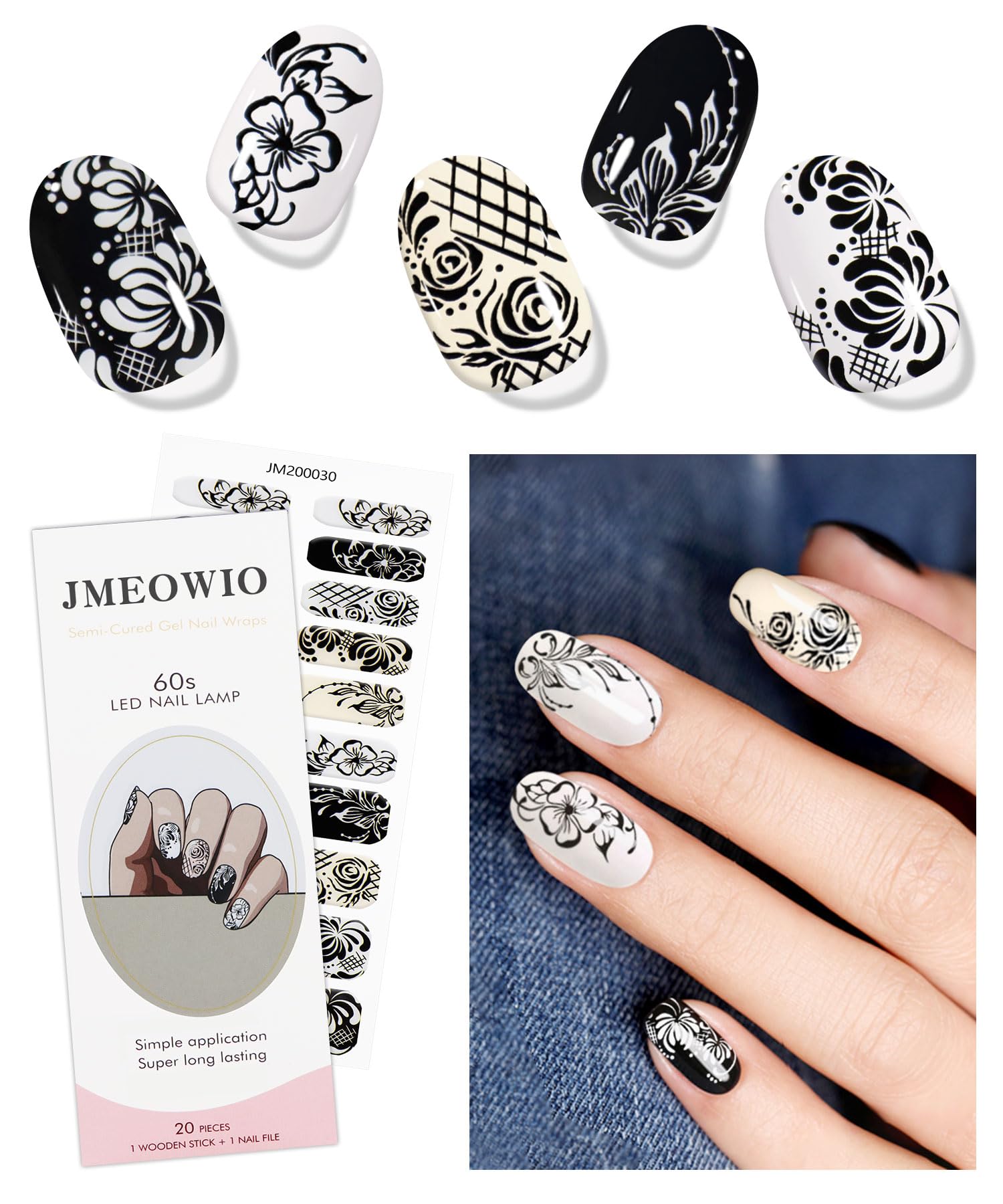 JMEOWIO Gel Nail Stickers Black White Flower Semi Cured Gel Nail Strips Wraps UV/LED Nails Art Design Decoration Accessories
