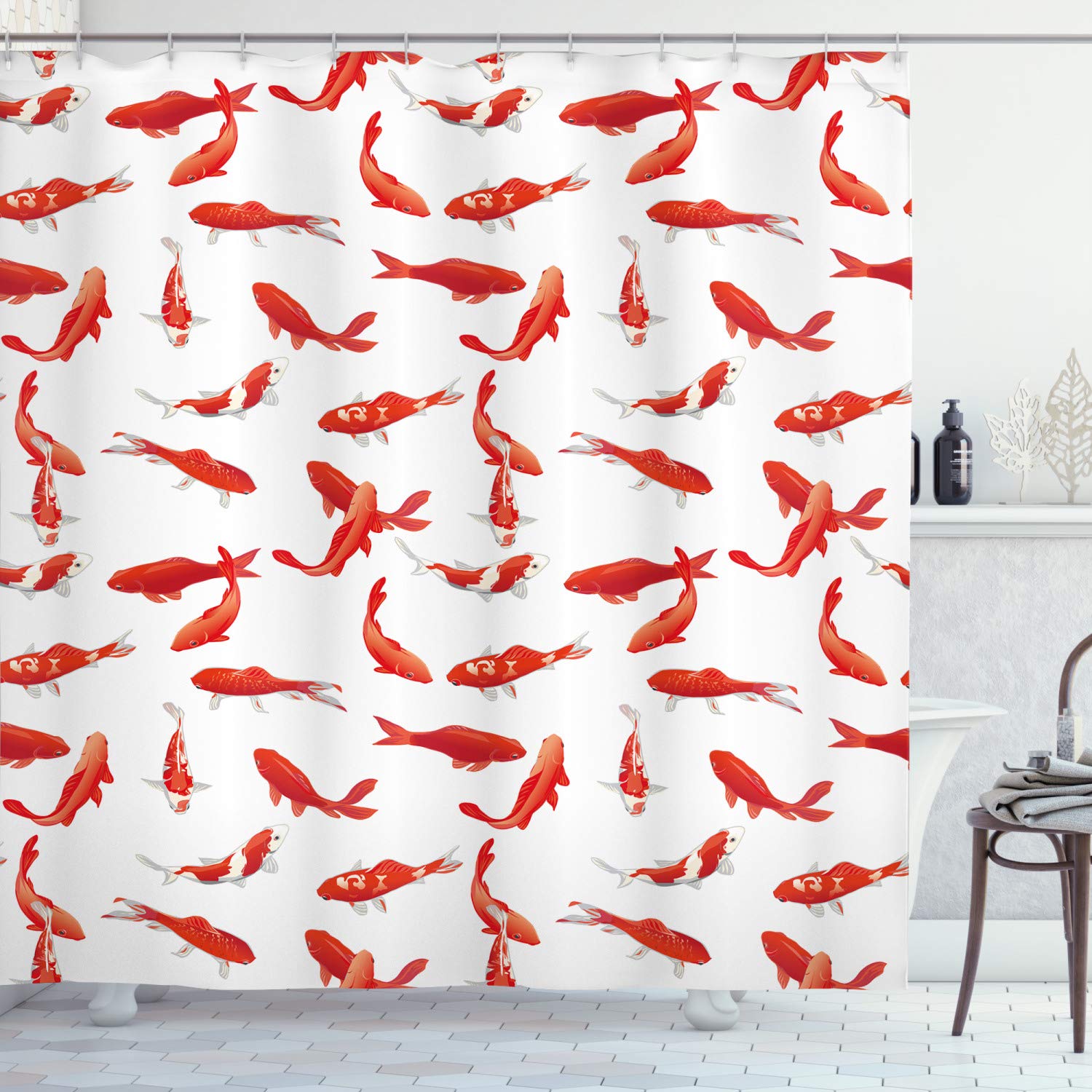 ABAKUHAUS Koi Fish Shower Curtain, Eastern Japanese Exotic Koi Fish Common Carp Calm Water Garden Graphic Design, Cloth Fabric Bathroom Decor Set with Hooks, 94 Inches, Orange