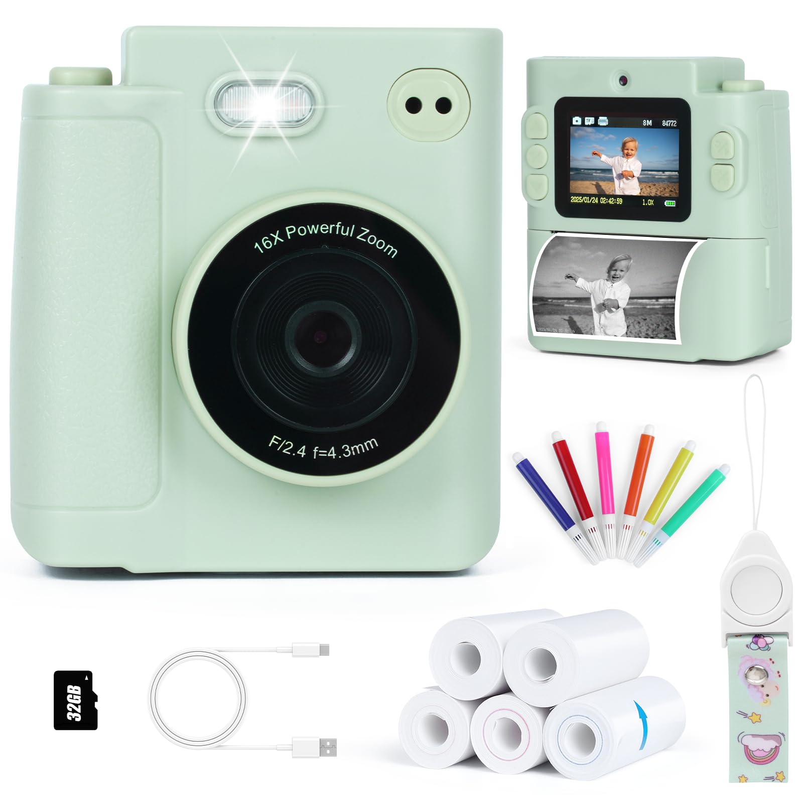 Photo 1 of Kids Camera Instant Print, 1080P HD Dual-Lens Selfie Digital Camera with 5 Printing Paper Rolls & 32G TF Card, for Children, Portable Toddler Toy for Age 3-12 Boys & Girls (Mint Green)