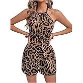 SweatyRocks Women's Summer Romper Leopard Print Sleeveless Halter Shorts Jumpsuit