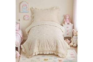 Cozyholy Toddler Bedding Set - 4 Piece Beige Boho Crib Bedding Set for Girls Tufted Bed Comforter Set with Ruffles Toddler Bed Set, Include Comforter, Flat Sheet, Fitted Sheet, Pillowcase