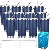 Pandance 20oz Stainless Steel Insulated Tumblers with Lid and Straw Bulk, Double Wall Vacuum Water Cups for Hot & Iced Coffee Drinks Travel Mug (Navy Blue, 12 pack)