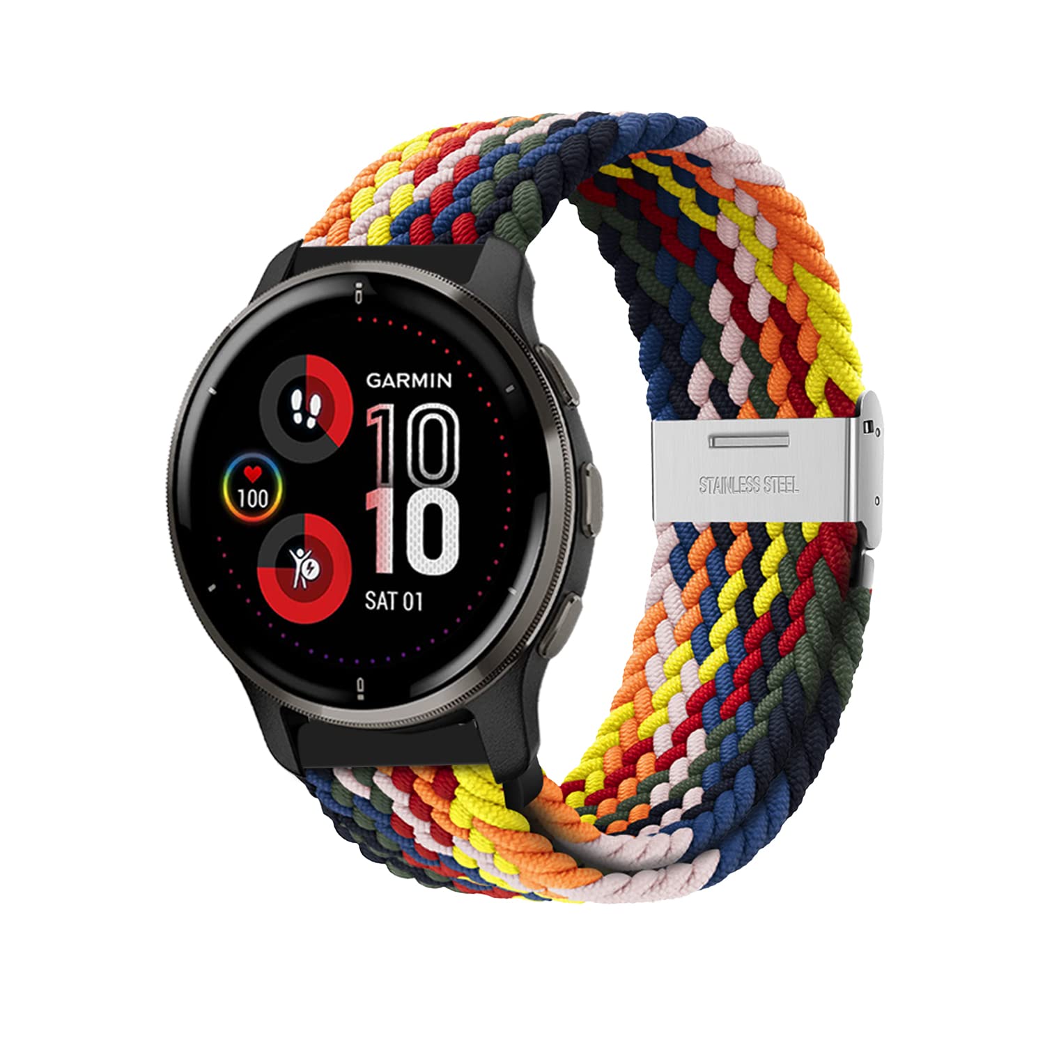 Niboow 20mm Strap for Garmin Venu Sq 2/Venu Sq 2 Music/Venu Sq/Venu Sq Music/Venu 2 Plus, Elastic Nylon Braided Watch Bands for Garmin Vivoactive 5/Vivoactive 3 Music/Forerunner 245 - Rainbow