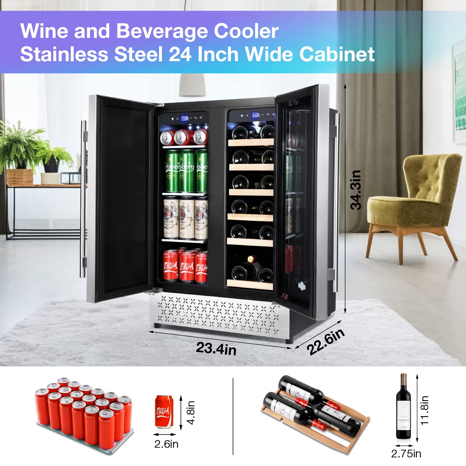 Tylza Wine and Beverage Refrigerator, 24 inch Dual Zone Wine Beverage Cooler Built-in and Freestanding, with Seamless Stainless Steel Door Quick Cooling Under Counter Beer Wine refrigerator