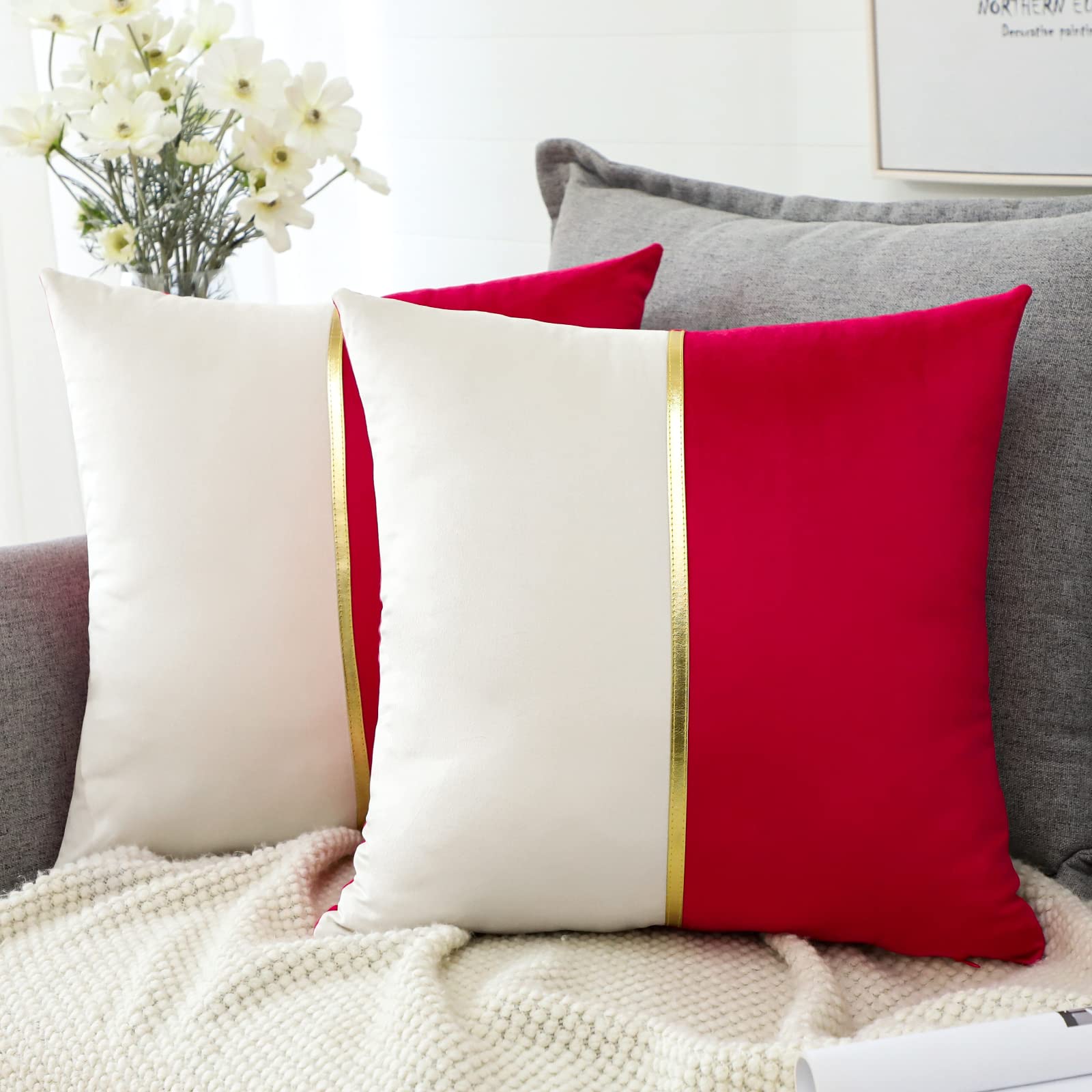 Artscope Red White Velvet Cushion Covers with Gold Leather Patchwork Luxury Modern Minimalist Square Pillowcase Throw Pillow Covers for Living Room Bed Couch Sofa 45x45cm Set of 2