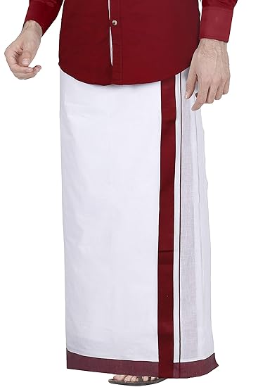 Men's Cotton Dhoti 3.6 Meter with Maroon color border, White