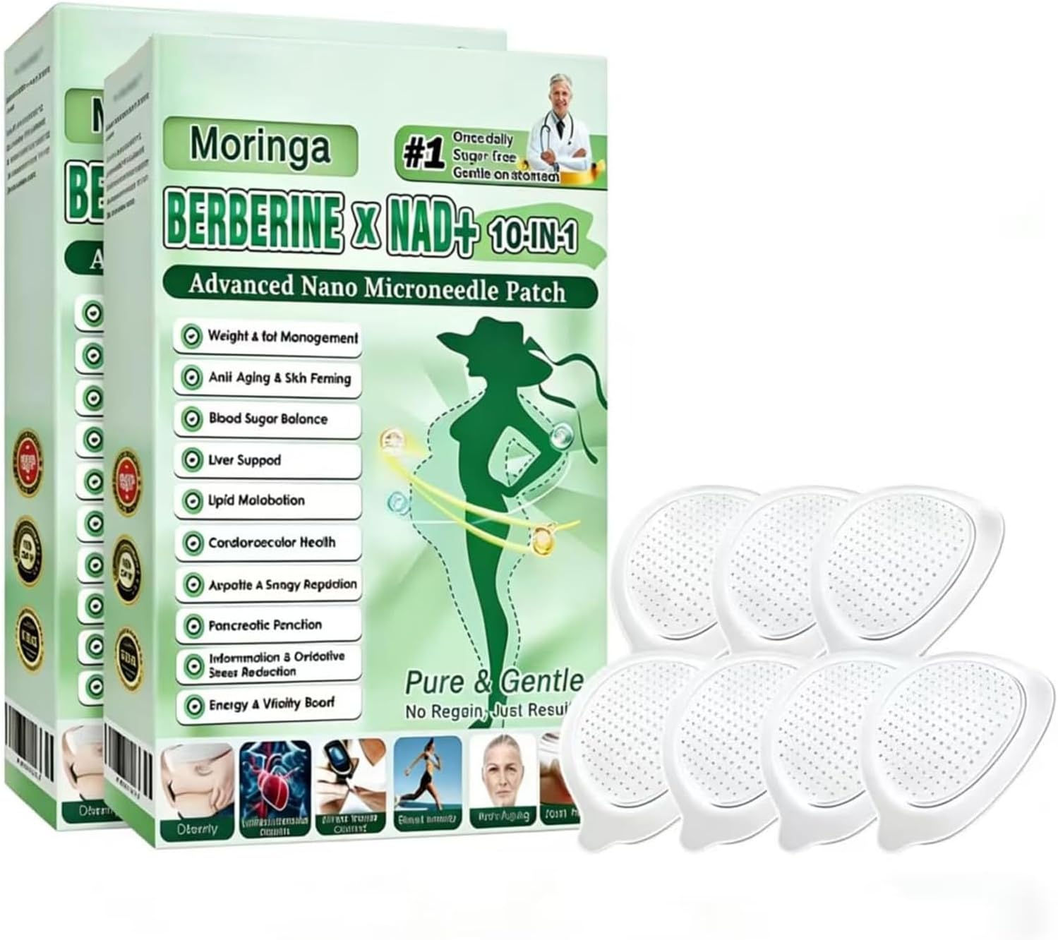 Moringa Patch, 10-in-1 Nano Microdarts Patch, Natural Formula for Women and Men Suitable for All Skin (2 Boxes/14Pcs)