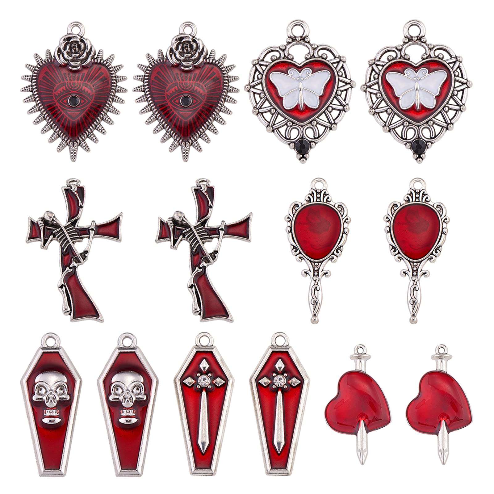 WEWAYSMILE 14-Piece 7-Style Enamel Charm Pendant Set, Crucifix & Alloy Charms for Halloween Decorations & Jewellery Making