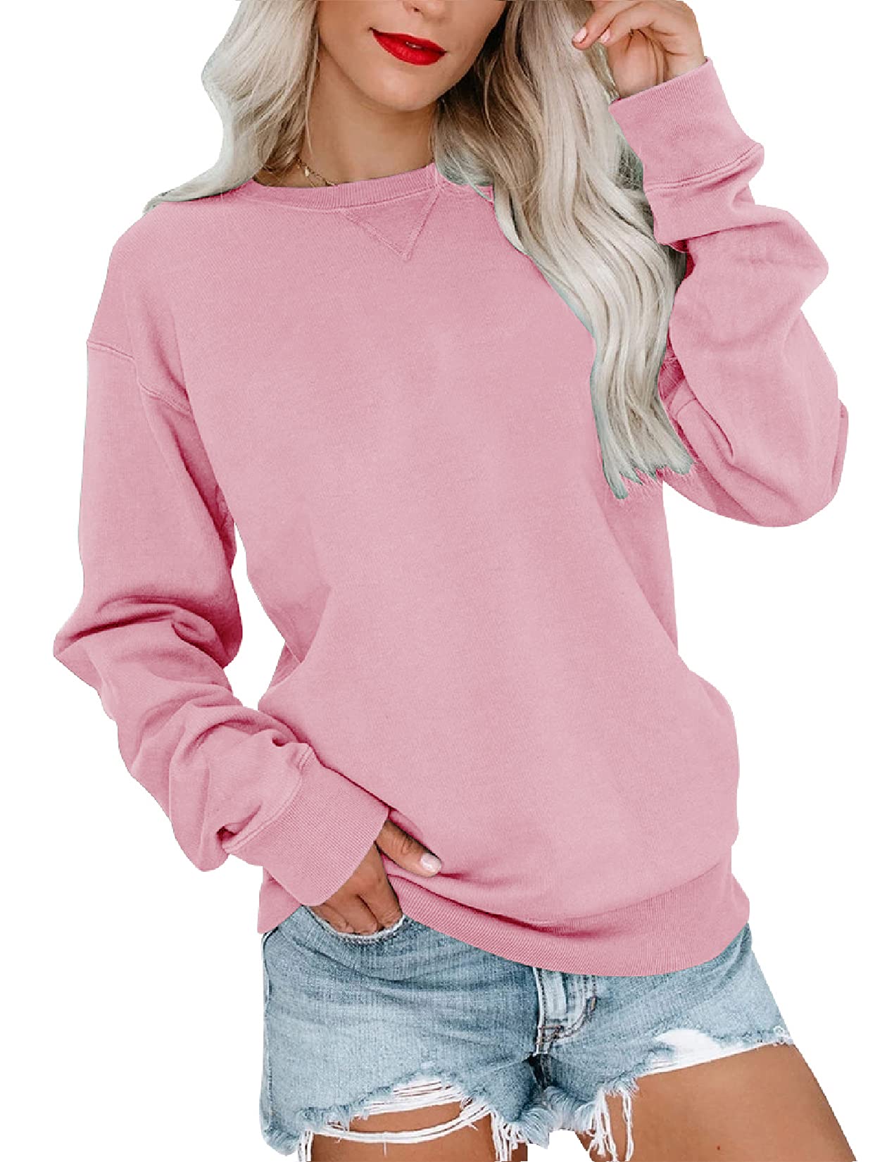 Photo 1 of ***MINOR DAMAGE*** Orchidays Womens Casual Crewneck Sweatshirts Long Sleeve Cute Tunic Tops Loose Fitting Pullovers (Pink,Medium,Adult,Female,US,Alpha,Medium,Regular,Regular)
