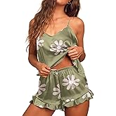 Ekouaer Satin Pajama Set for Women 2 Piece Camisole Top and Shorts Silk Lingerie with Ruffle Floral Nightwear