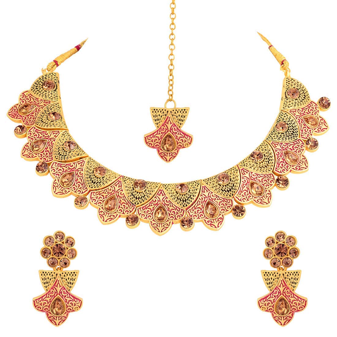 I Jewels 18k Gold Plated Indian Wedding Fancy Party Wear Beaded Meena Work Choker Necklace Set for Women (M4105)