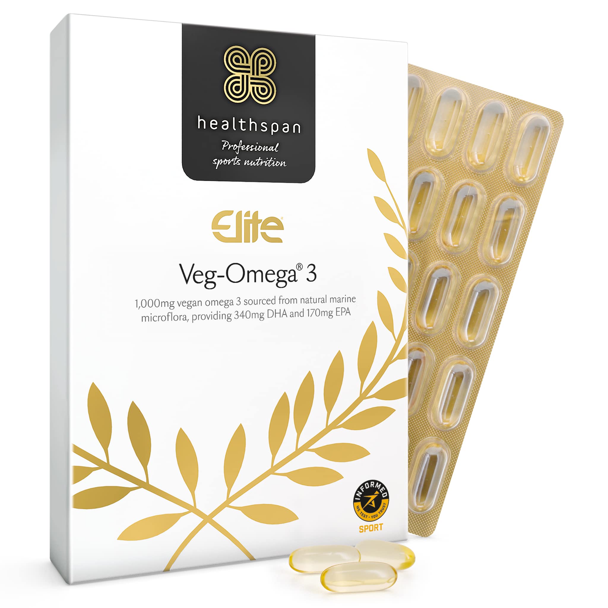 Healthspan Elite Veg-Omega 3 1,000mg (2 Months’ Supply) | Support Your Brain, Eye & Heart Health | Sustainably Sourced | All Blacks Official Partner | Informed Sport Accredited | Vegan