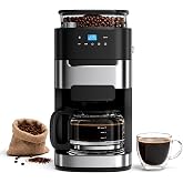 Electactic 10 Cup Coffee Maker with Grinder, Grind and Brew Coffee Machine | Smart LED Touchscreen, 24H Timer, 2H Keep Warm, Adjustable Grind Size &amp; Coffee Strength, Descaling Alert, Light Black