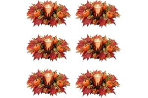 Umigy Set of 6 Fall Votive Candle Holders Thanksgiving Centerpieces Fall Candle Rings Wreaths with Glass Votive Tealight Holders for Table Decor(Maple Leaf,Red)