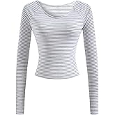 winkbay Women's Striped Long Sleeve Crop Tops Scoop Neck Ribbed Knit Dressy Casual T Shirts