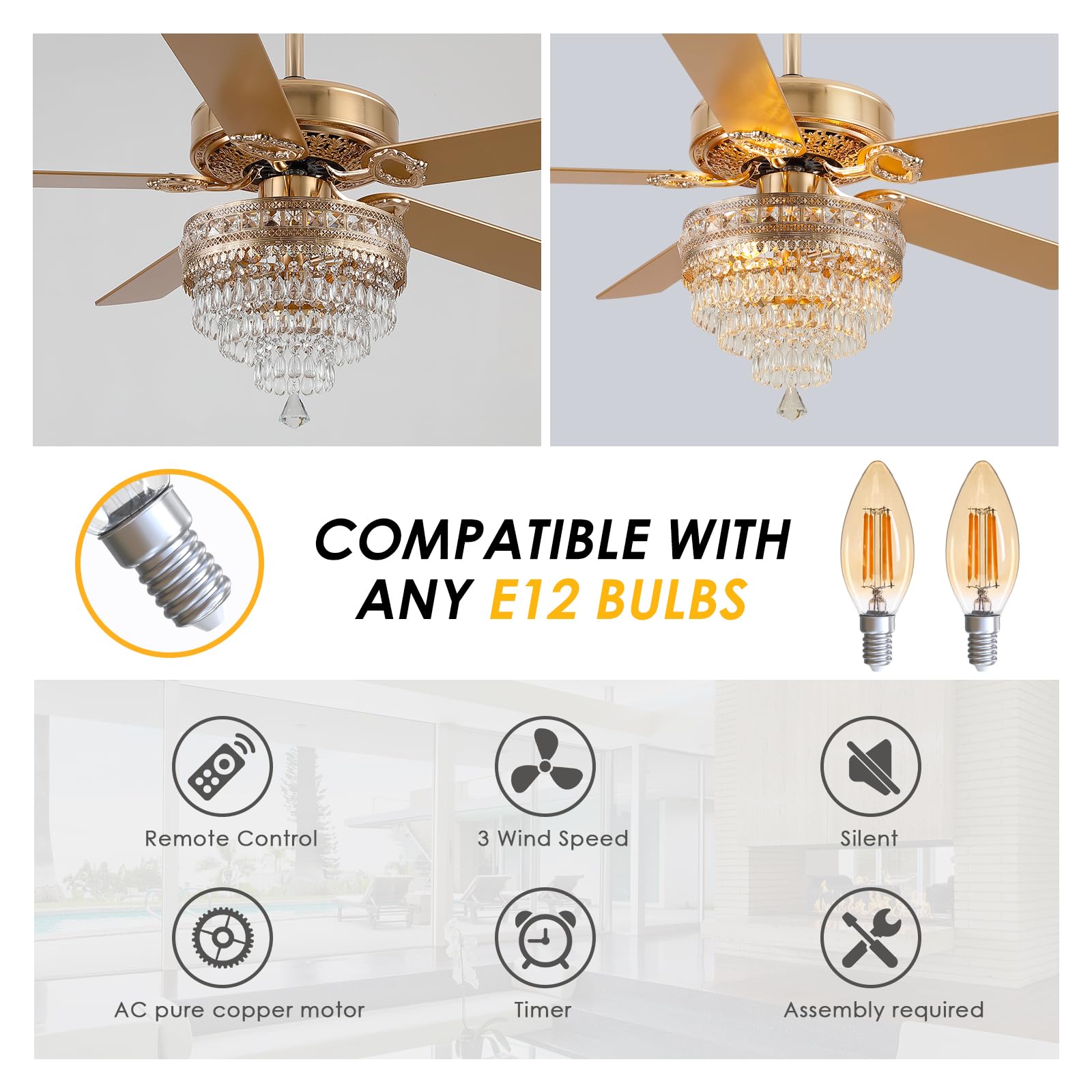 Crystal Ceiling Fan Fandelier with Lights - 52