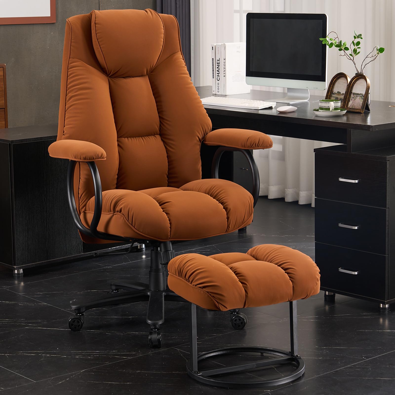 Photo 1 of ATMILD Office Chair Big and Tall, High Back Executive Chair with Ottoman, 400 lbs, Ergonomic Office Chair with Padded Armrest, PU Leather (Khaki)
