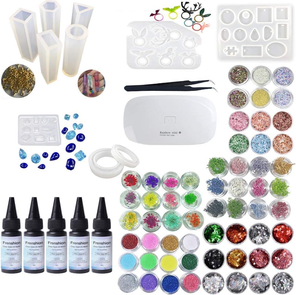5 Pieces 30ML Upgrade Crystal UV Resin,60 Decoration with Lamp and Tweezer,10Pcs Transparant Silicone Mold 100 Pieces Rings Metal Accessories For Handcraft Jewelry Necklace Bracelet