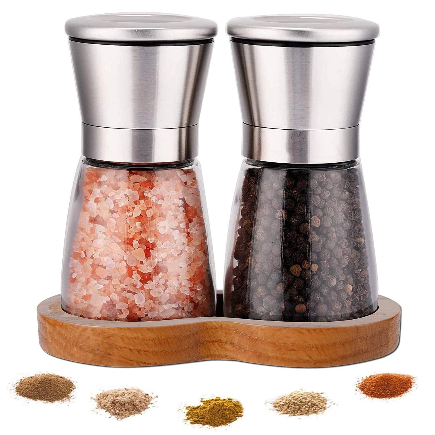 LessMo Salt and Pepper Grinder Set, 2pcs Spice Grinders, Set of Grinders with Adjustable Coarseness, Premium Stainless Steel Salt & Pepper Mill, Easy-Fill Mills , Lids & Stand, for Peppercorn Spice