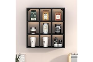 Helsin 9 Grid Vintage Coffee Mug Display Rack, 16inch Wall Mounted Wooden Curio Shadow Box Shelf, Cup Floating Shelves Displa