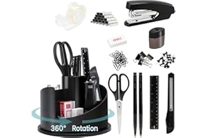 deli Office Supplies Set, 1045 Pcs-Desk Accessory Organizer Kit, Stapler Set, Rotating Multi-Functional Pen Holder, Tape Dispenser, Pens, Binder Clips, Sharpener, Scissor, Eraser, Black
