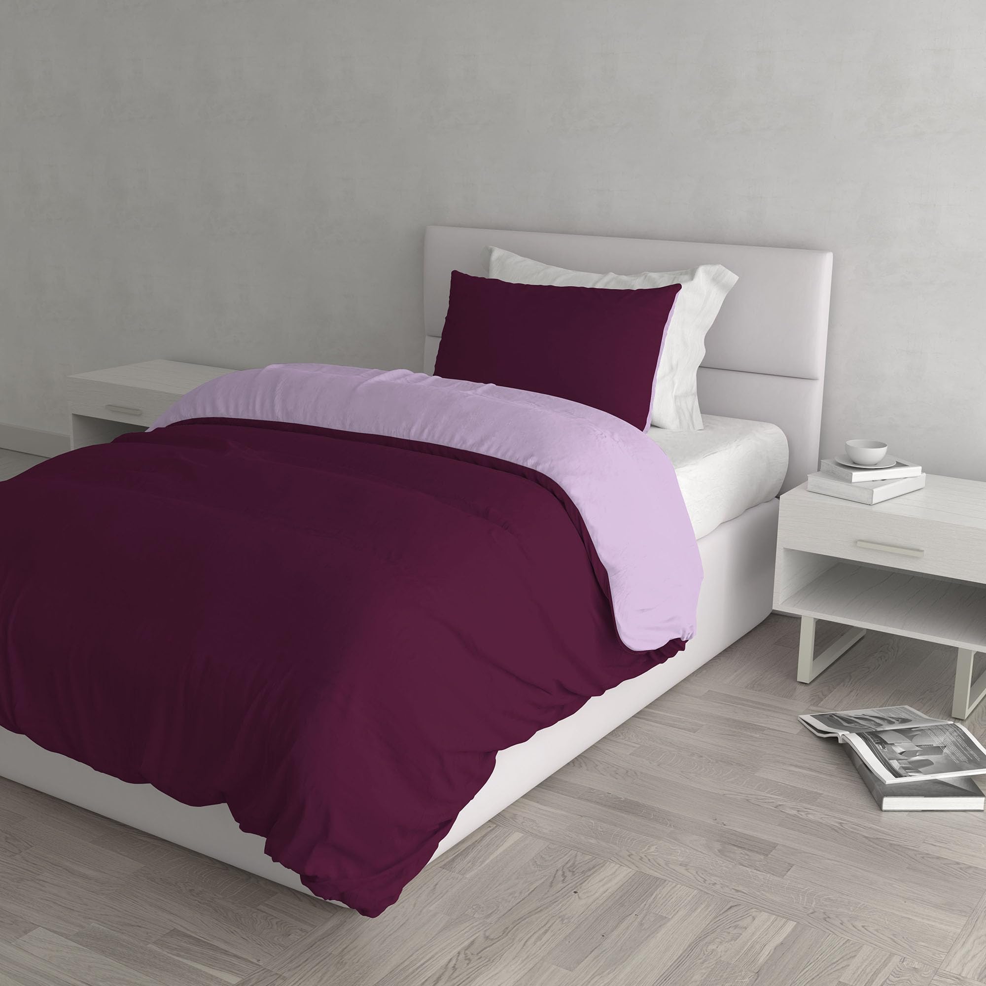 Italian Bed Linen Natural Color Duvet Cover Set with Doubleface Solid Colour Bag Sheet and Pillowcase, 100% Cotton, lillac/Plum, single
